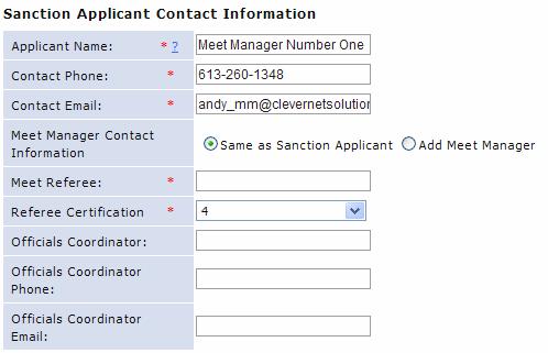 Contact Information Applicant Name Meet Manager Meet Referee This area is automatically filled in with the information associated to your login name.