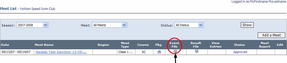 Uploading your Files Once a meet has been submitted, the meet manager can log in and upload a Hytek Event File or Splash Invitation file for the meet.