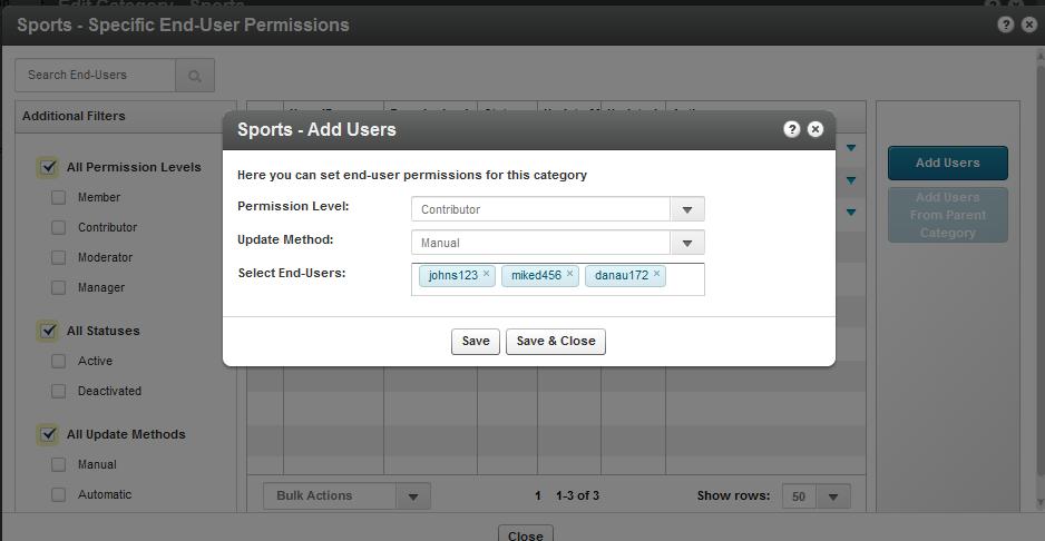 Select the Permission Level. See Specific End-Users Permissions. Select the Update Method.