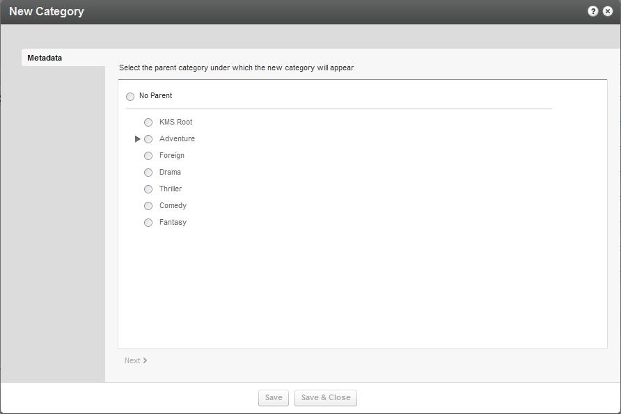 Managing Categories Select Add Category. The New Category window is displayed.