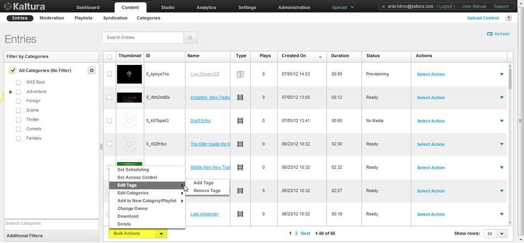 Content Authoring Tools Use the Entries tab to perform the following actions on multiple entries: Set Scheduling See Content Scheduling for applying scheduling to a single entry.