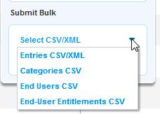 Uploading and Ingestion Submit Bulk Options Kaltura provides bulk services and CSV formatted schemas for enabling automatic setup and on-going updates for end-user s details and content entitlement