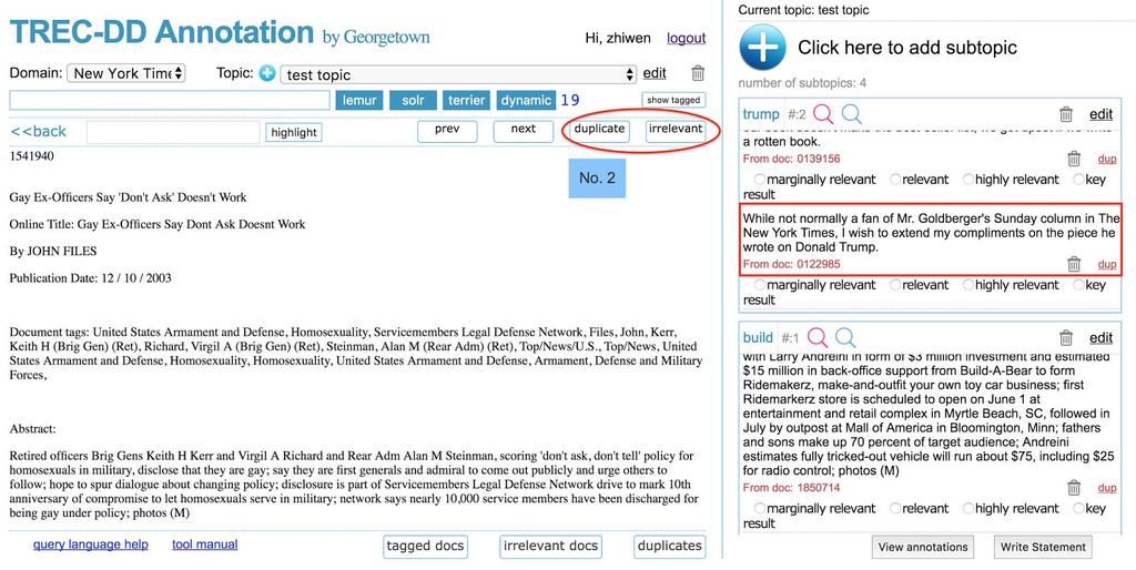 Figure 6. User Interface(II) of Annotation Tool After completing the human annotation, near-duplicate detection is used to find passages that are actually relevant but may be missed by assessors.