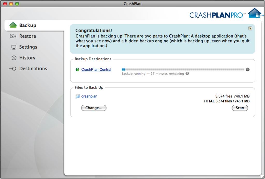 Setup Complete! You should now see the PRO Client Backup screen which means you are successfully backing up with CrashPlan PRO.