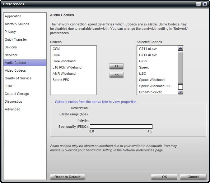CounterPath Corporation 4.3 Preferences Audio Codecs This panel shows all the codecs that are included in the retail version of Bria Professional. You can enable or disable codecs as desired.