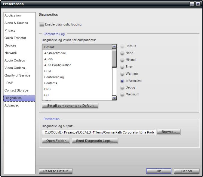 CounterPath Corporation 4.8 Preferences Diagnostics This panel lets the user enable logging to files.