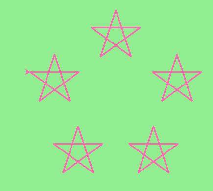 10. Extend your program above. Draw five stars, but between each, pick up the pen, move forward by 350 units, turn right by 144, put the pen down, and draw the next star.