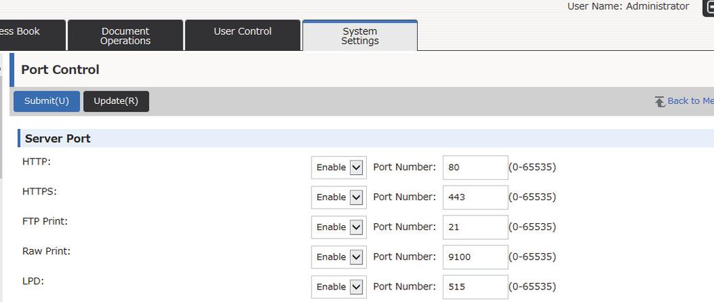 3 Configure the Server Port and Client Port settings. (1) To enable/disable a port, select "Enable" or "Disable".