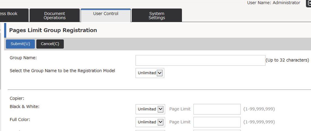 If other page limit groups are already set, you can select a group with settings close to the desired settings and use "Select the Group Name to be the Registration Model" to apply the settings of