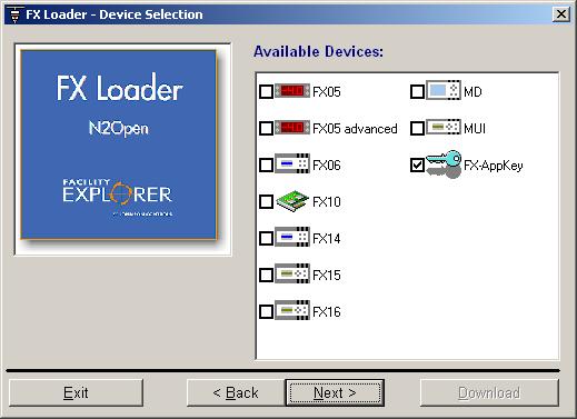 Loading the Programming Key from FX Loader To load the Programming Key from FX Loader: 1. Connect the Programming Key to an RS-485/232 converter via the plug-adapter. 2.