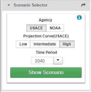 Scenario Selector The Scenario Selector is how you add SLR layers to the map. It requires 3 inputs: Agency, Projection Curve and Time Period. 1.