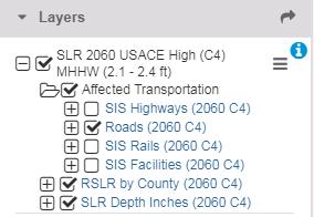 SIS Highways: SIS Highways affected by SLR scenario 5. SIS Rails: SIS Rails affected by SLR scenario 6.