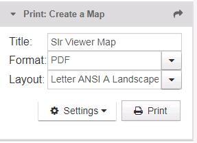 Print: Create a Map The Print Widget allows you to create a map of the current map view. This widget is not open by default. First, open the widget by clicking on the arrow on the left side of widget.