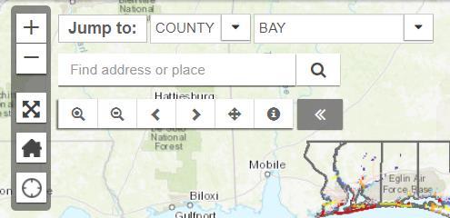 Jump to Zooms to predefined regions. First, choose a region type (County, FDOT District, MPO or State). Then select a region from the list. Address Locator Zooms to an address.