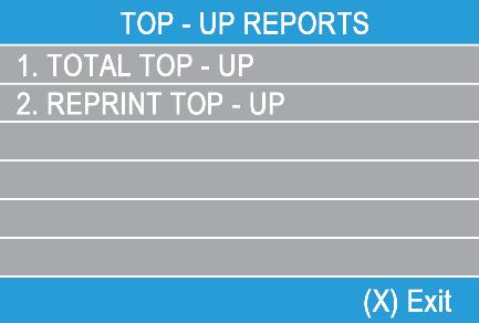 4. TOP-UP REPORTS This function shows reconciliation statements (Reports) of all processed Top-ups. By pressing (1) on the keyboard you can select report all processed top-up transactions.