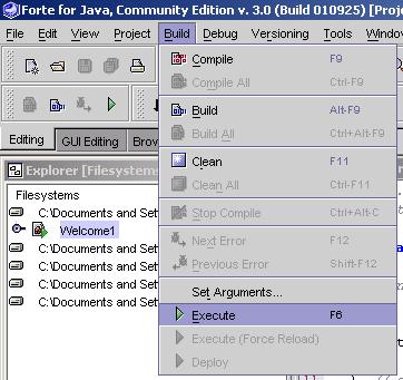 31 Output Window for compiling Welcome1.java. 6. To actually run the program it needs to be executed. This can be done by going to the Build menu and clicking the Execute command.
