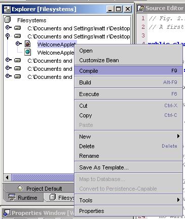 35 Opening WelcomApplet.java using the Open window. 2. To compile the applet go to the Build menu and click Compile.