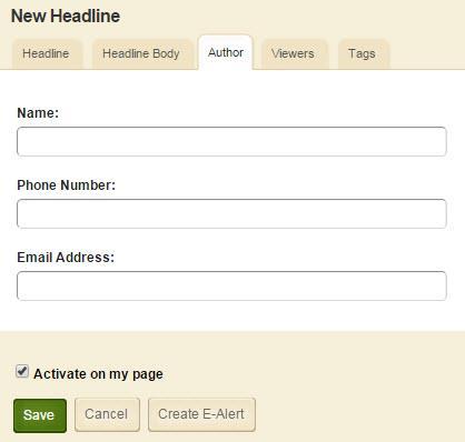 Blackboard Web Community Manager Headlines & Features App Author Tab Within the Author tab enter the