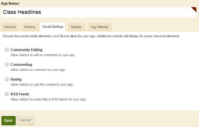 Blackboard Web Community Manager Headlines & Features App Social Settings Tab On the Social Settings tab, you can apply social media elements to your Headlines & Features App.