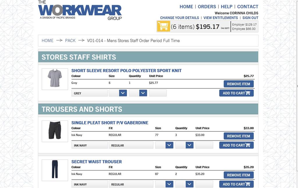 Step 5: To order this garment select the size and quantity from the drop down list, then click the Add to Cart button. You must do this for each item you are purchasing.