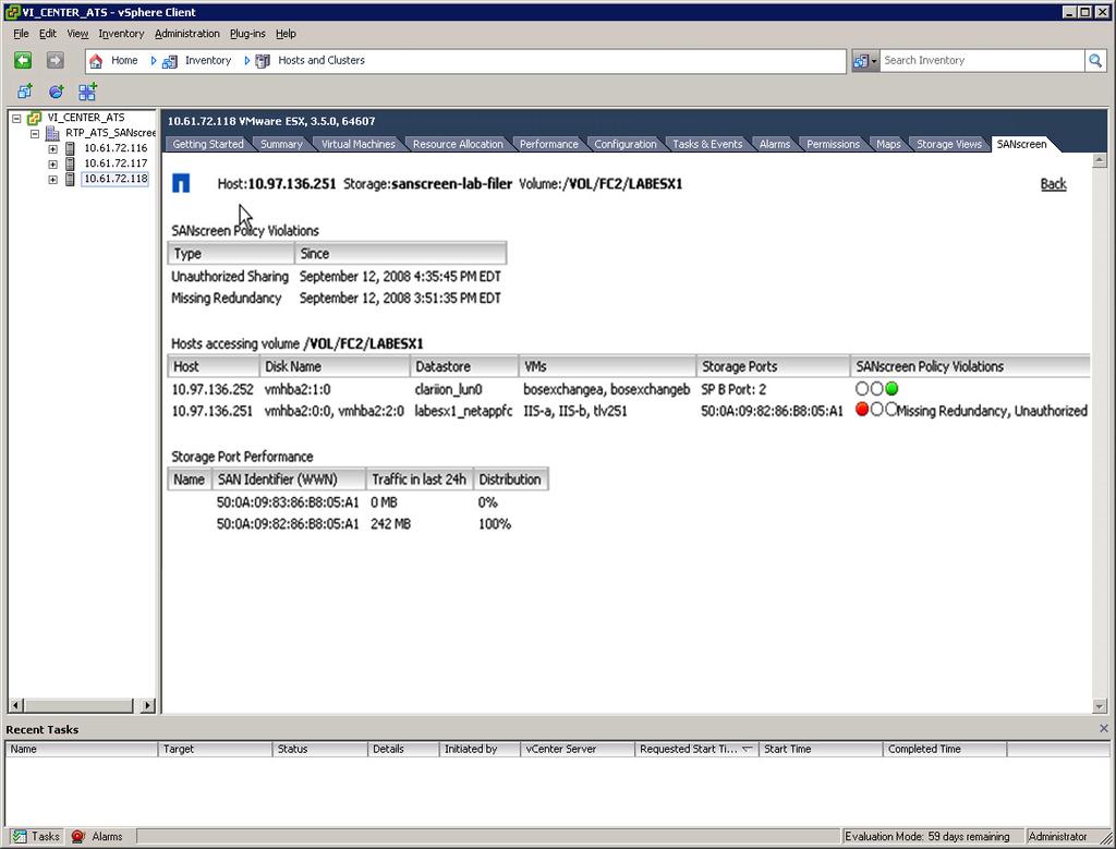 SANSCREEN VM INSIGHT Also available as a VMware vcenter Server plug-in, the NetApp SANscreen VM Insight also provides cross-domain visibility from the VM to the shared storage, allowing both storage