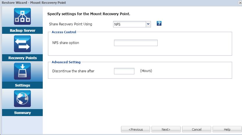 How to Mount Recovery Point Specify the Settings for Mount Recovery Point Specify the settings for Mount Recovery Point to choose the proper share method. Follow these steps: 1.