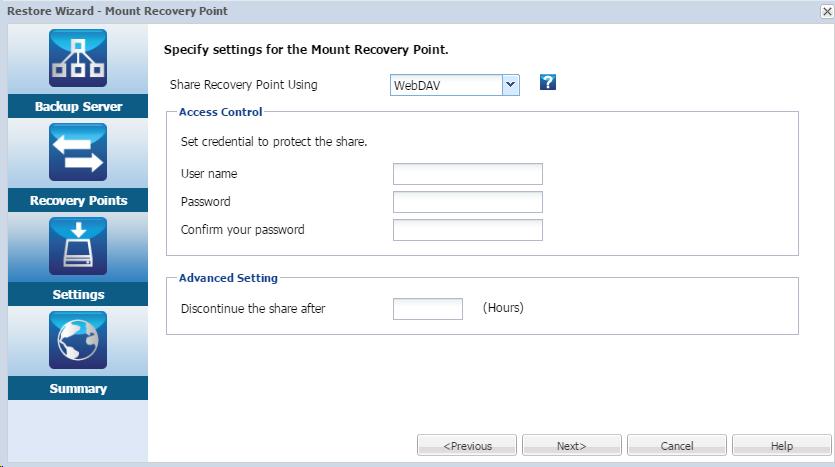 How to Mount Recovery Point a. Select WebDAV from share method drop-down list. The files in the recovery point will be shared via WebDAV. And you can mount the WebDAV share using mount.davfs.