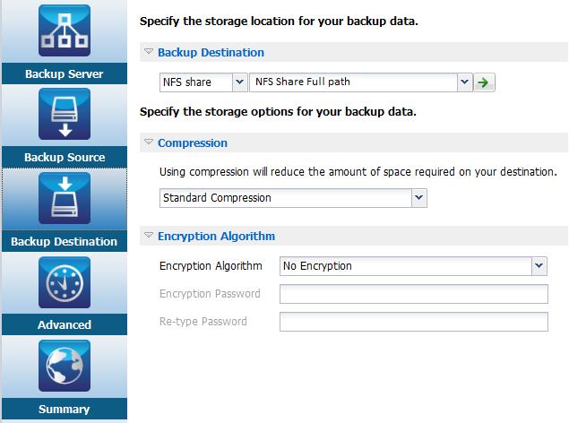 How to Back up Linux Nodes Specify the Backup Destination Specify a location to store the backed up data (recovery points) in the Backup Destination page of the Backup Wizard.