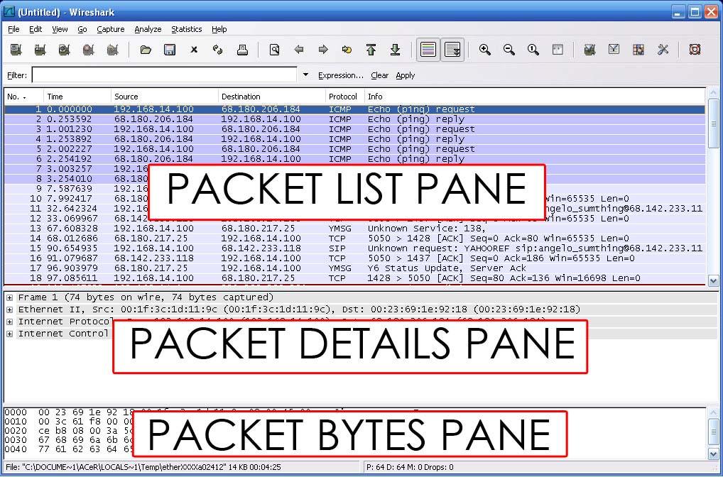 You may explore these three panes later. Each line in the Packet List corresponds to one PDU or packet of the captured data.