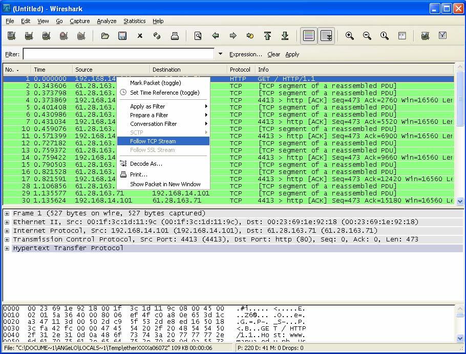 Using Wireshark s Follow TCP Stream If you are working with TCP based protocols it can be very helpful to see the data from a TCP stream in the way that the application layer sees it.