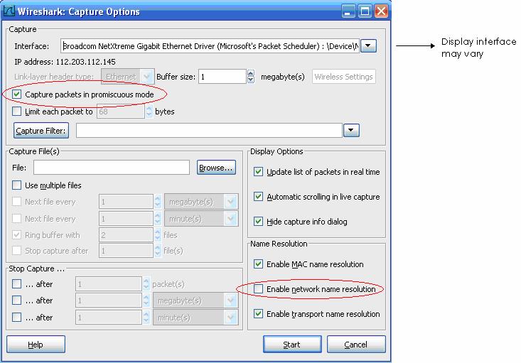 First, it is necessary to ensure that Wireshark is set to monitor the correct interface. From the Interface drop down list, select the network adapter in use.