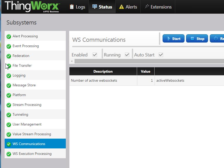 10. In ThingWorx Composer, click the Monitoring drop-down, choose subsystems, and then click WS Communications and Refresh Now.