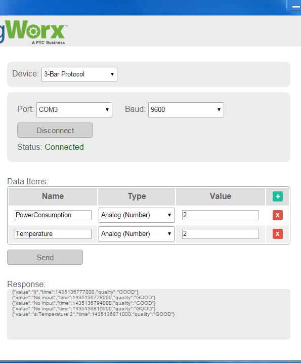 10. On the ThingWorx Data Injector application, click the Send button. 11.