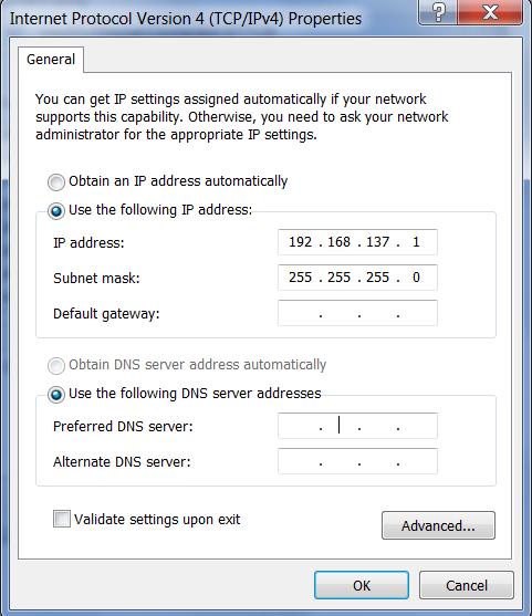 Click the button for Use the following IP address, and set a private IP address that starts with 192.168.