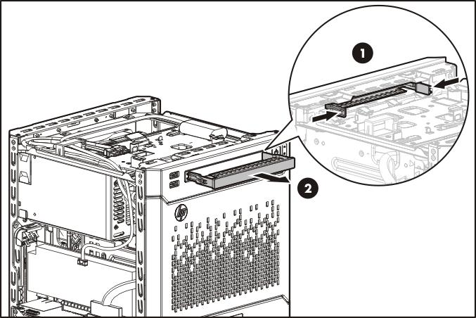 5. Press the optical drive blank release latches, and then pull the blank out of the drive bay. Retain the blank for future use. 6. Install the optical drive into the bay. 7.
