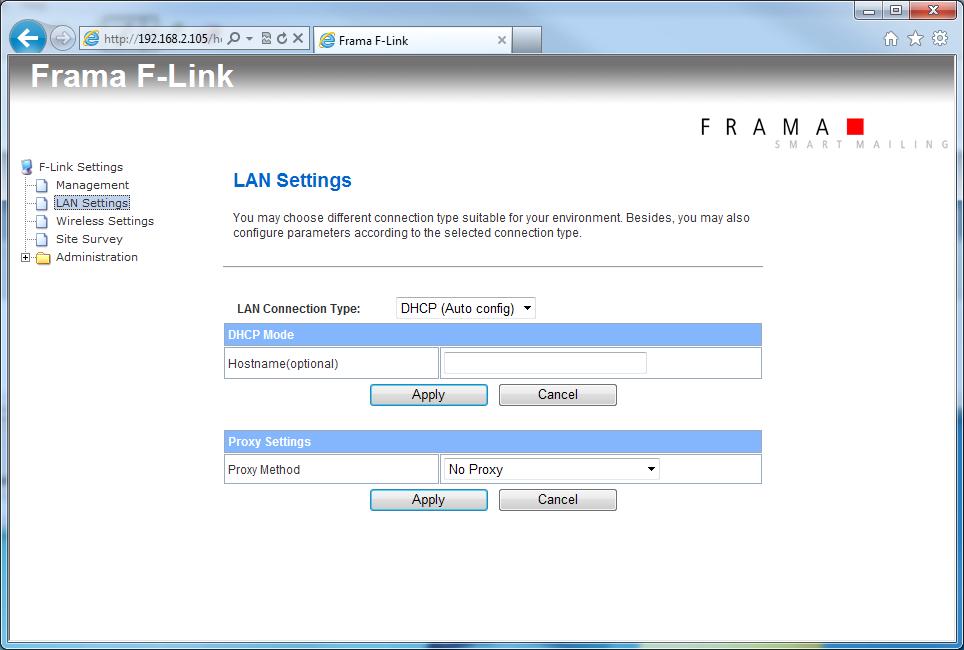 5.3 Configuration Page LAN Settings On the configuration page LAN Settings you can change the LAN connection type, set values for the LAN connection type and set the proxy settings for