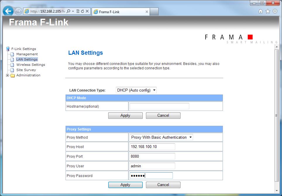 5.4 Proxy Settings When F-Link is forced to use a proxy server without authentication then set the proxy method to Proxy Without Authentication.