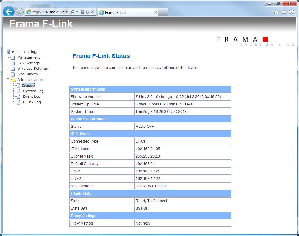 5.7 Configuration Page Administration Status The status of F-Link is showed on the configuration page Administration Status 3.