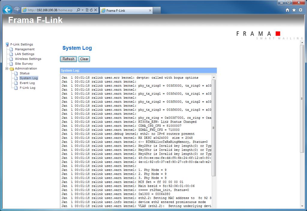 5.8 Configuration Page Administration System Log The F-Link writes a log file of the system (Linux).
