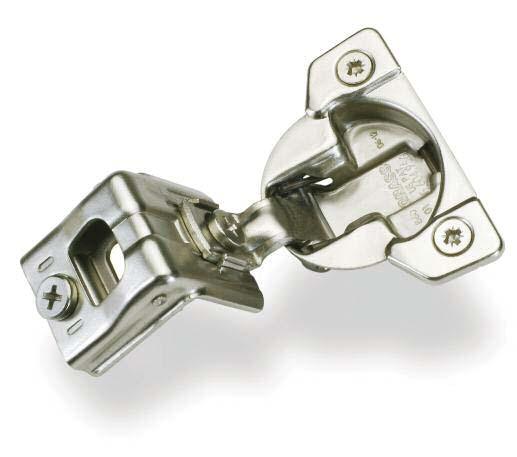 Grass 108 Opening Angle - 1 1 4 to1 1 Overlay Face Frame Hinges with 3-dimensional Adjustment One-piece hinge and base plate combination For door thickness of up to 3 4 Front locating tabs position