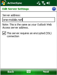 4. Enter in the server address of one-mobile.net, and make sure that the SSL box is checked. Press Next when completed. 5.