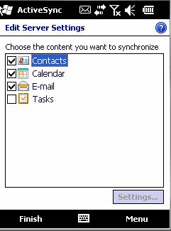 8. Now that all settings are in place, press the Sync button, and your Windows Mobile device will download your Contacts, Calendar, and email.