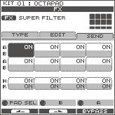 Setting the F Send Level for Each Pad (F-SEND) Each pad has its own individual effects send level. 1. Choose MENU Ú F Ú SEND (p. 16). The F-SEND screen appears.