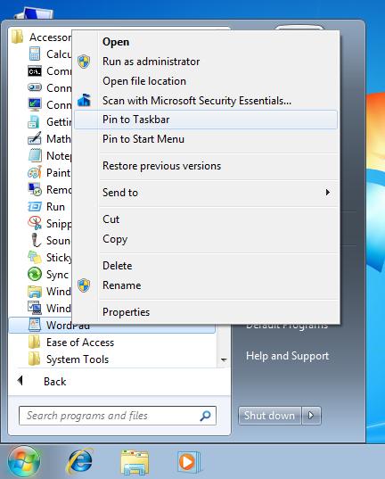 Pinning: Just as you can secondary-click and pin any program to your Task Bar, you can also pin any program to your Start Menu.