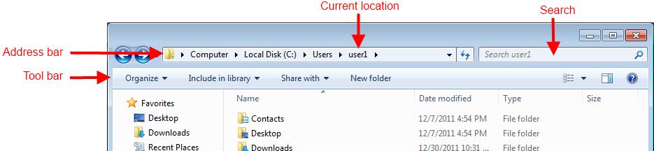 Folders/Windows Explorer Address bar: The Address bar shows the folder path of your current location (your current folder location is the last item at the right-end of the path).