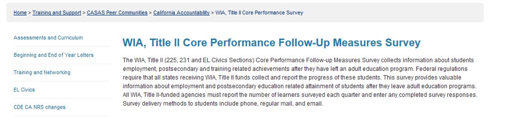 From the California Accountability page, find another menu on the left hand side, and click WIA, Title II Core Performance Survey.