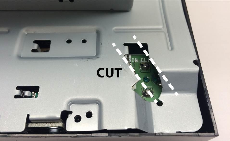 Cut the radio back plate as shown, before reinstalling the
