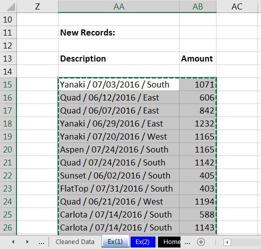 21) Back on the sheet Ex(1), select the new data (new records) in the range