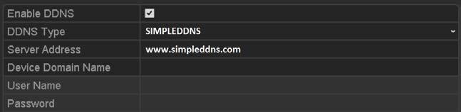 Figure 9. 7 NO-IP Settings Interface SIMPLEDDNS: 1) The Server Address of the SIMPLEDDNS server appears by default: www.simpleddns.com. 2) Enter the Device Domain Name.