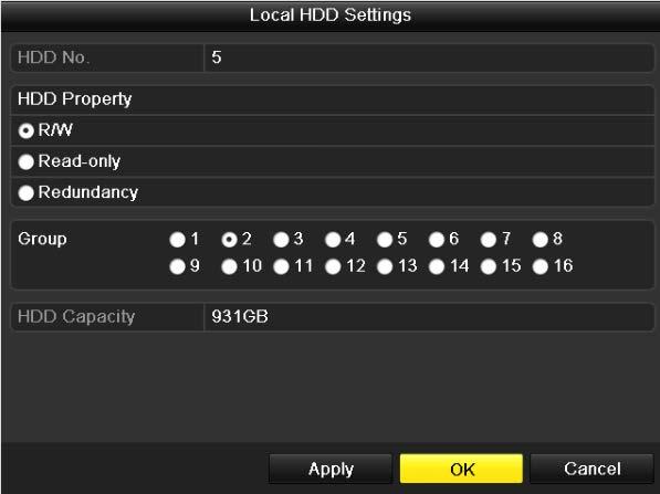 Figure 10. 15 Local HDD Settings Interface 7. Select the Group number for the current HDD. The default group No. for each HDD is 1. 8. Click the OK button to confirm the settings. Figure 10.